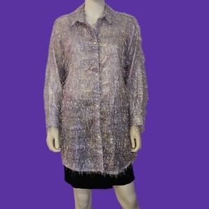 An Na Irridescent Silver Fuzzy Oversized Semi-sheer Button Down Holiday Shirt